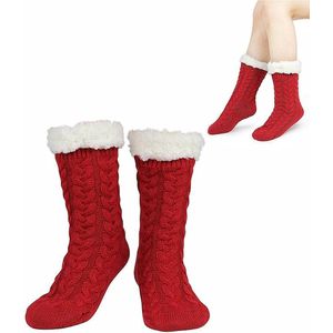 1 paar Dames Pluche Pantoffels en Sokken - Antislip structuurzool - Dikke fleece sokken voor de winter - Warme sokken voor binnen voor thuisgebruik - 23*25cm - Zacht en huidvriendelijk om thuis te dragen - Rood