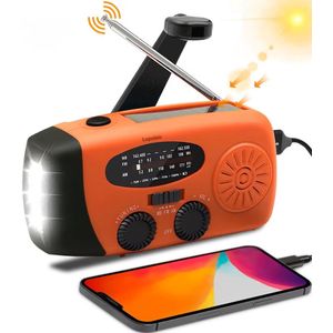 Lopoleis Draagbare Noodradio met Zonnepaneel, Dynamo Crank & Powerbank – Powerbank 2000 mAh – Zaklamp – Zonneenergie – Noodpakket Opwindbaar – Draagbare radio – Oranje