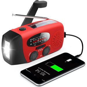 Noodradio - Noodradio Opwindbaar - 2000 mAh - Radio Met Accu Batterij Voor Noodsituaties - Noodpakket - Opwindbaar - Solar - Zaklamp - Powerbank - Noodradio Op Batterijen - Rood - Voor Rampen/Camping - Draagbare