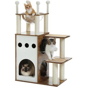 PAWZ Road Houten Kattenkrabpaal - Bruin - 108 cm hoog - Houten krabpaal met 2 verdiepingen - kattenmeubel met krabpalen - Met kattenhuisje