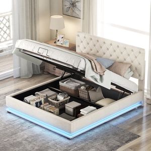 KOMHTOM Tweepersoonsbed 140x200 cm Kistbed Volwassenenbed met LED-stripverlichting en extra veel opbergruimte Verstelbaar hoofdeinde beige