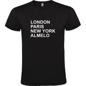 Zwart t-shirt met "" London, Paris , New York, Almelo "" print Wit size M