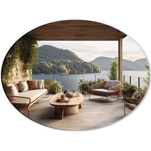 Dibond Ovaal - Huis - Tuin - Terras - Lounge - Planten - Hout - 40x30 cm Foto op Ovaal (Met Ophangsysteem)