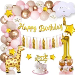 FeestmetJoep® Feestartikelen voor 1e Verjaardag Jungle & dieren - Feestversiering voor 1e Verjaardag - Happy Birthday Ballonnen - Verjaardag Decoraties Roze en Goud voor Jongens en Meisjes - Roze en Goudkleurige 1e Verjaardag Feestartikelen