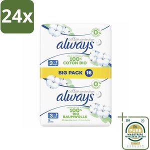 Always - Maandverband - Night - Cotton Protection - Met Vleugels - Maat 3 - 16 Maandverband - Voordeelverpakking - 24 stuks - Nachtbescherming - Biologisch katoen