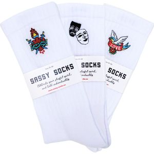 Sassy Socks - Vintage Tattoo Style 3pack - Sportsokken - Wit - Organisch Katoen - Heren en Dames - Maat 36-40
