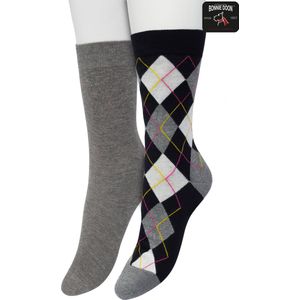 Bonnie Doon Dames Sokken set Zwart maat 36/42 - 2 paar - Effen en Geruit - Gladde Naden - Brede Boord - Uitstekend Draagcomfort - Perfecte Pasvorm - 2-pack - Multipack - Effen - Argyle - Grijs - Black - OL211122.101