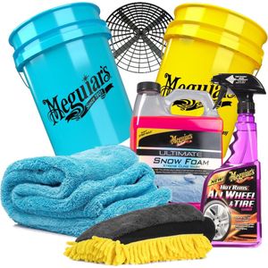 Meguiars essential SnowFoam voordeel Pakket bestaande uit; 2 x Wasemmer 5 gal 19 Ltr, Grid Guart Grit zwart, 946 ml SnowFoam, Velgenreiniger 710 ml Wheel & Tire, Droogdoek 50 x 80 1400 gsm!, Washmitt met drie functies