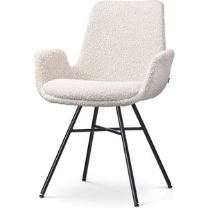 Nolon Noa-Eef Eetkamerstoel Bouclé Beige - met Armleuning - Stof - Zwart Metalen Onderstel - Lage Armleuning - Industrieel - Modern - Design - Comfortabel