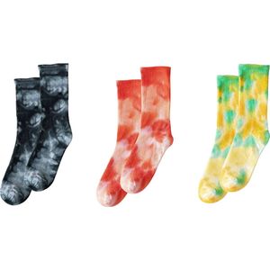 ASTRADAVI Socks Collection - Sokken - 3 Stuks - Unisex Katoenen Tie Dye Normale Sokken - 36/41 - Zwart, Oranje, Geel, Groen
