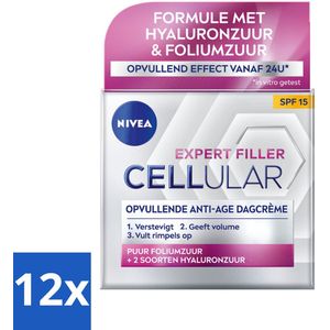NIVEA - CELLular Expert Filler Dagcrème - Anti-Veroudering Gezichtscrème - SPF 15 - Met Hyaluronzuur, Creatine & Foliumzuur - 50 ml - Voordeelverpakking - 12 stuks