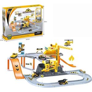 speelgarage werf construction werkplaats met helikopter, buldozer, kiepwagen...