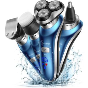 Hatteker 4-in-1 Elektrisch Scheerapparaat voor Mannen – LED Display – Baardtrimmer, Neustrimmer & Gezichtsborstel – Blauw
