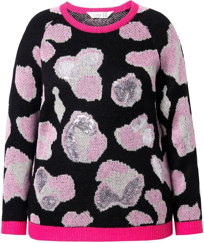 MIAMODA MIAMODA - Dames - Trui pailletten luipaardmotief lange raglanmouwen - Zwart - Maat 42+