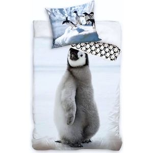 1-persoons kinder dekbedovertrek (dekbed hoes) wit / licht blauw met schattige pinguïn op het ijs / ijsschots (winter dieren Noordpool) KATOEN eenpersoons 140 x 200 cm (cadeau idee kinderkamer / slaapkamer)