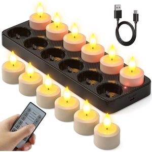 Oplaadbare batterij LED vlamloze theelichtjes kaarsen - Afstandsbediening en timer - 12 stuks - Oplaadstation - Thuis Kamer Feest Bruiloft Halloween Decoraties