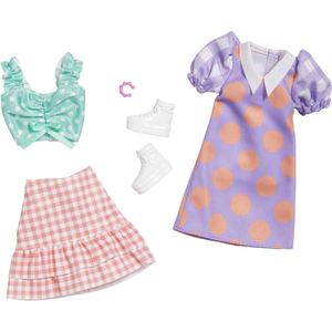 Barbie Kleding Outfit Poppen Accessoires 2-pack: Paarse Jurk + Topje + Rok en Witte Schoenen