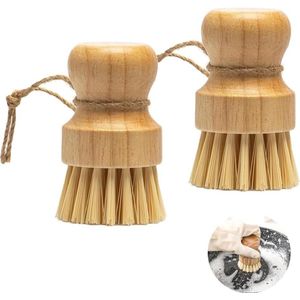 Houten Afwasborstel - Set van 2 - Premium Bamboe Scrub Borstel - Bamboe Palm Borstel - Eco Vriendelijk - Ronde Mini Afwasborstel - Voor Potten .
