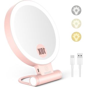 Make-up Spiegel Verlichte Vergrotende Draagbare Spiegel 10x Vergroting Dubbelzijdig Reisspiegel Verlichting 3 Kleuren Touch Dimbaar