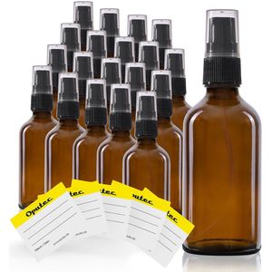 Oputec 20 x 50ml pompflessen – bruine glazen crèmespender & lotionspender – navulbaar & herbruikbaar – met etiketten – dicht & reisvriendelijk
