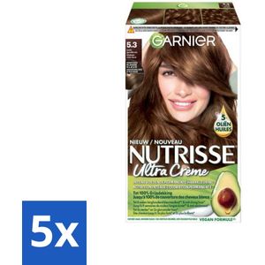 5 x Garnier - Nutrisse Ultra Crème 5.3 - Haarkleuring - Licht Goudbruin - Intens Voedend - Permanente Kleur - Haarkleur - Haarverf - Voedende Haarkleuring - Permanente Kleur - Grijsdekking