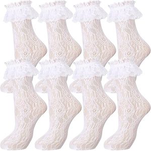 Kanten Enkelsokken met Ruches - 4 Paar - Kanten sokken - Katoenen - Lolita sokken - Lolita Stijl - Dames - Comfortabele Katoenen Sokken - Leuke Sokken Prinses Lolita sokken - Eén maat - Wit