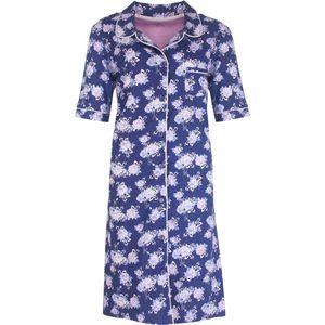 Medaillon Dames Nachthemd - Doorknoop - Bloemen dessin - Blauw - Maat XL