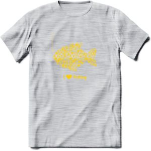 I Love Fishing - Vissen T-Shirt | Geel | Grappig Verjaardag Vis Hobby Cadeau Shirt | Dames - Heren - Unisex | Tshirt Hengelsport Kleding Kado - Licht Grijs - Gemaleerd - 3XL