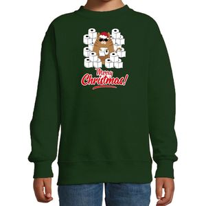 Foute Kerstsweater / Kerst trui met hamsterende kat Merry Christmas groen voor kinderen- Kerstkleding / Christmas outfit 134/146