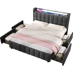 Merax Gestoffeerd Kingsize Tweepersoonsbed 180x200 cm - Bed met USB Aansluiting en LED Verlichting - Bedframe Inclusief 4 Lades - Grijs