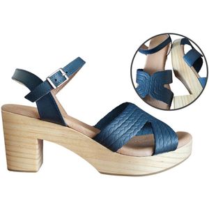 Stravers - Muiltjes Houten Zool en Leren Reliëf Band - Blauw - Maat 42 - Grote Maten Dames Klompjes