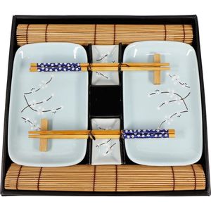 10-delige sushiset - 2 x sushiborden, 2 x dipschalen, 2 x bamboe placemats, 2 x bamboe eetstokjes, 2 paar eetstokjes - hoogwaardig porselein - in geschenkverpakking - blauw