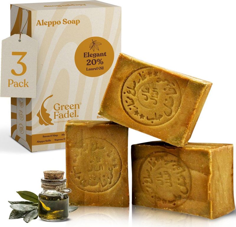 Green Fadel - Aleppo Zeep - 20% Laurierolie - 80% Olijfolie - Set van 3 x 200g - Handgemaakt - Natuurlijke Zeep