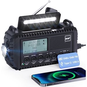 DAB+/FM Noodradio op Zonne-energie – Draagbare Dynamo Radio met 5000mAh Powerbank, LED Zaklamp/Leeslamp & SOS Alarm – IPX4 Waterdicht – Ideaal voor Kamperen & Outdoor