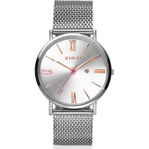 ZINZI Roman horloge zilver gekleurde wijzerplaat en kast met rosé wijzers stalen mesh band 34mm extra dun ZIW512M