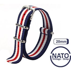 20mm Premium Nato Strap Blauw Rood Wit gestreept - Vintage James Bond - Nato Strap collectie - Mannen - Horlogeband - 20 mm bandbreedte voor oa. Seiko Rolex Omega Casio en Citizen