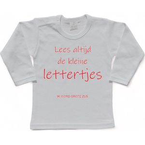Shirt Aankondiging zwangerschap ""Lees altijd de kleine lettertjes (ik word grote zus)"" | lange mouw | Wit/rood | maat 98 zwangerschap aankondiging bekendmaking Baby big bro Sis Sister