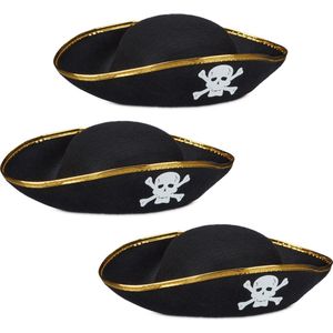 relaxdays 3 x piratenhoed zwart in set - piraat hoed - doodskop - carnaval – piraten