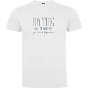 Wit T-Shirt met “Napping is my SuperPower“ Afbeelding Zilver Maat S