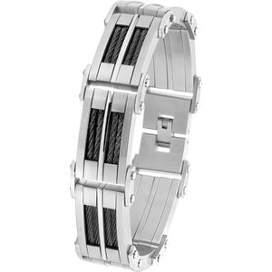 Lucardi Heren Armband zwarte kabel - Staal - Armband - Cadeau - Vaderdag - 21 cm - Zilverkleurig