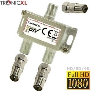 TronicXL 2-voudige splitter BK verdeler TV kabel + 3x F-adapter F-stekker zilver antenneverdeler kabeltelevisie DVBC splitter