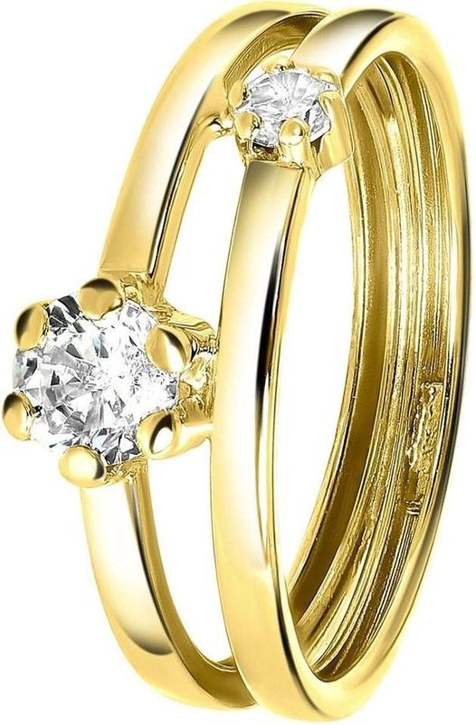 Lucardi - Dames Ring 2-1 - Geelgoud - 14 Karaat - Met Zirkonia