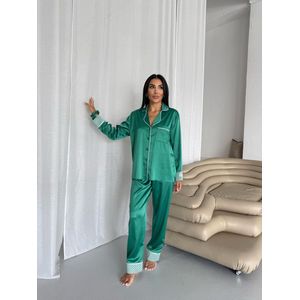 Satijnen Dames Pyjamaset- Luxe Pyjamaset- Pyjama- Nachtkleding Groen Maat XL