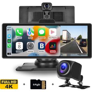 Boscer Smart FULL HD 4K Dashcam - 10.26 Inch Touchscreen - Apple Carplay & Android Auto (Draadloos) - FM Transmitter - Touchscreen - Bluetooth, SD, USB, Aux - Autoradio - AHD Achteruitrijcamera