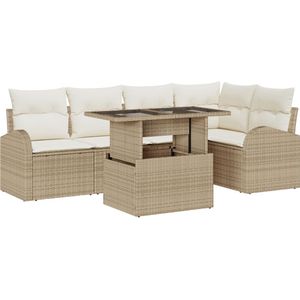 vidaXL - 6-delige - Tuin - Sofa - Set - met - Kussens - Beige - Poly - Rattan