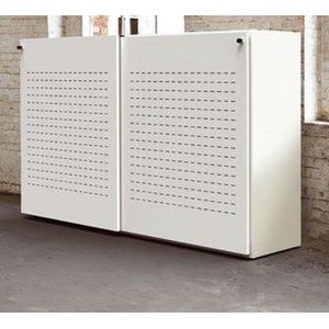 Akoestische schuifdeurkast breed 200CM diep 48CM hoogte 122CM bladkleur Beuken framekleur Wit (RAL9010)