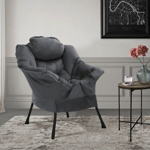 Relax fauteuil antraciet met armleuningen en dik hoofdkussen en metalen frame Loungestoel tot 120 kg ML design