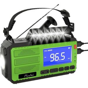 Huntex Noodradio Solar Opwindbaar en Batterij- 10.000 mAh Powerbank - Draagbare AM/FM Radio - LED Zaklamp & SOS Alarm - Waterbestendig - Survival Radio met Kompas - Groen