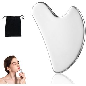 TRANKIELO® - Hoogwaardige Gua Sha Steen – Gezichtsmassageapparaat en Jawline Trainer – Verfrissend Roestvrij Staal – Gua Sha-steen met zwarte opbergzak – Gebruik voor Gezicht, Nek en Lichaam