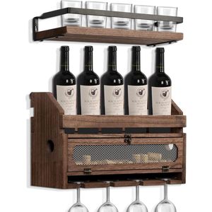 Wand wijnrek van hout met glashouder en plank - Rustiek design voor keuken en bar
